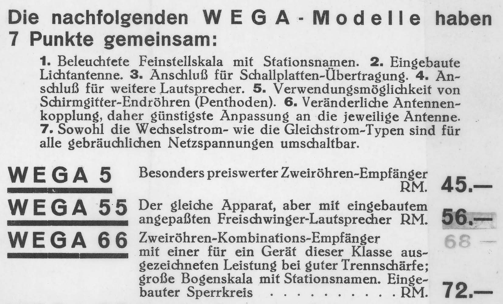 radiotechnik WEGA Modelle WEGA 5, WEGA 55, WEGA 66