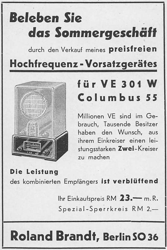 radiotechnik Hochfrequenz-Vorsatzgerätes für YE 301 W Columbus 55