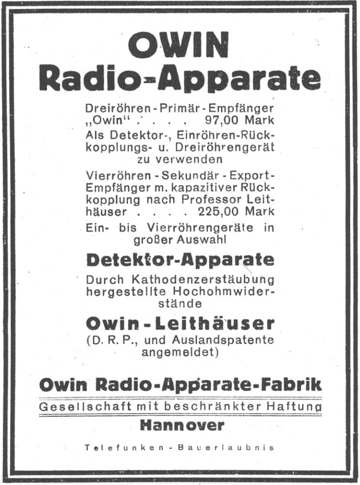 OwinHannover Inserat1925 Radiotechnik Burosch